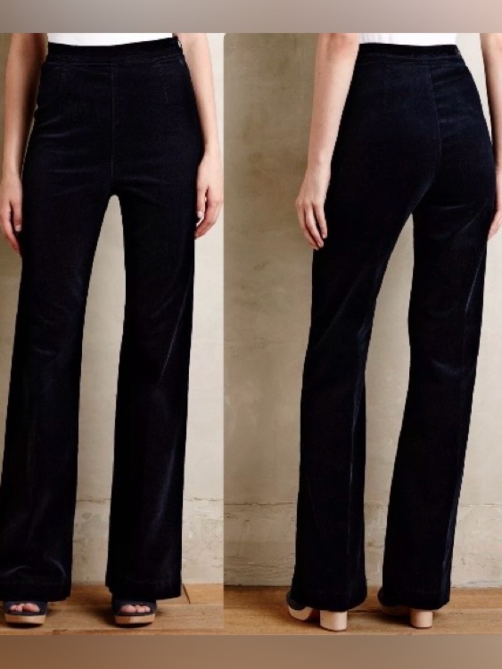 High-Waist Navy Velvet Wide-Leg Pants